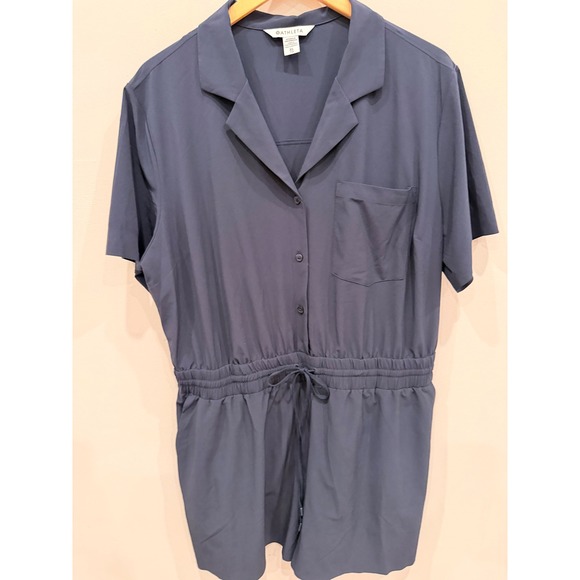 Athleta Pants - Athleta Short Sleeve Button Front Romper Blue Women's XL‎ Drawstring Waist EUC